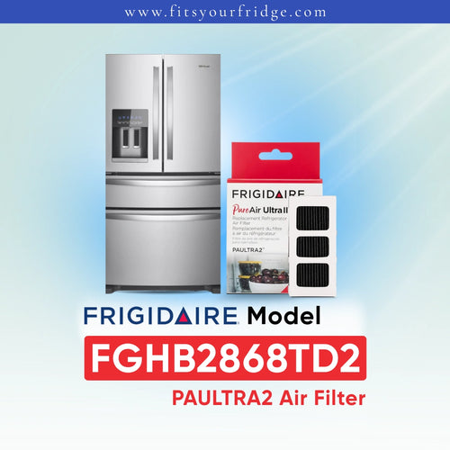 Frigidaire PAULTRA2 Air Filter FGHB2868TD2 shown next to a white refrigerator on a light blue gradient background with Frigidaire branding.