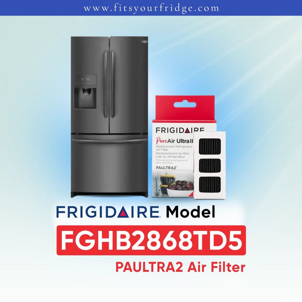Frigidaire PAULTRA2 Air Filter FGHB2868TD5 shown next to a white refrigerator on a light blue gradient background with Frigidaire branding.