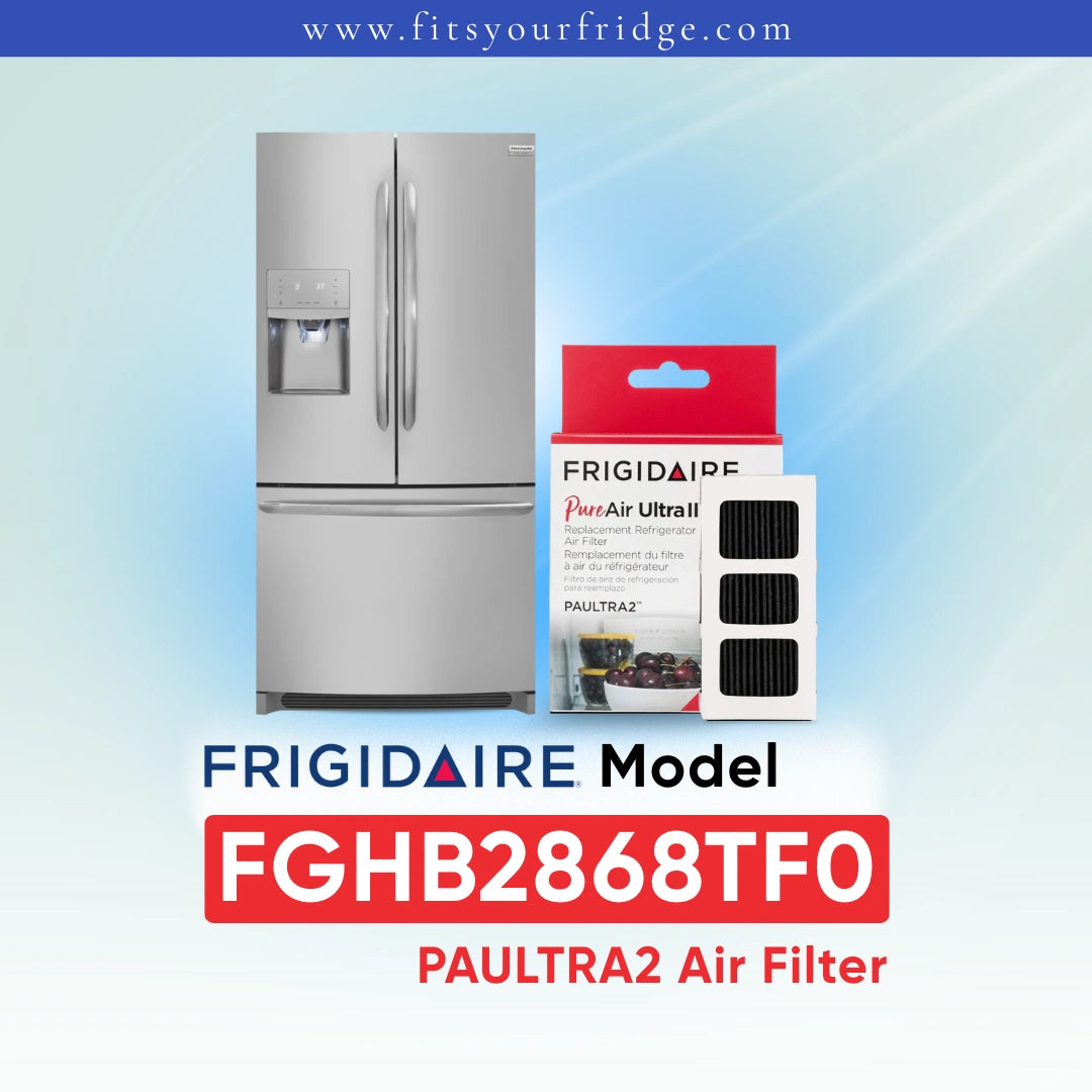 Frigidaire PAULTRA2 Air Filter FGHB2868TF0 shown next to a silver refrigerator on a light blue gradient background with Frigidaire branding.