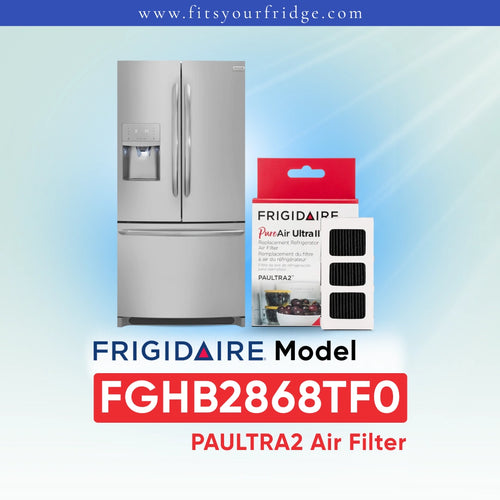 Frigidaire PAULTRA2 Air Filter FGHB2868TF0 shown next to a silver refrigerator on a light blue gradient background with Frigidaire branding.
