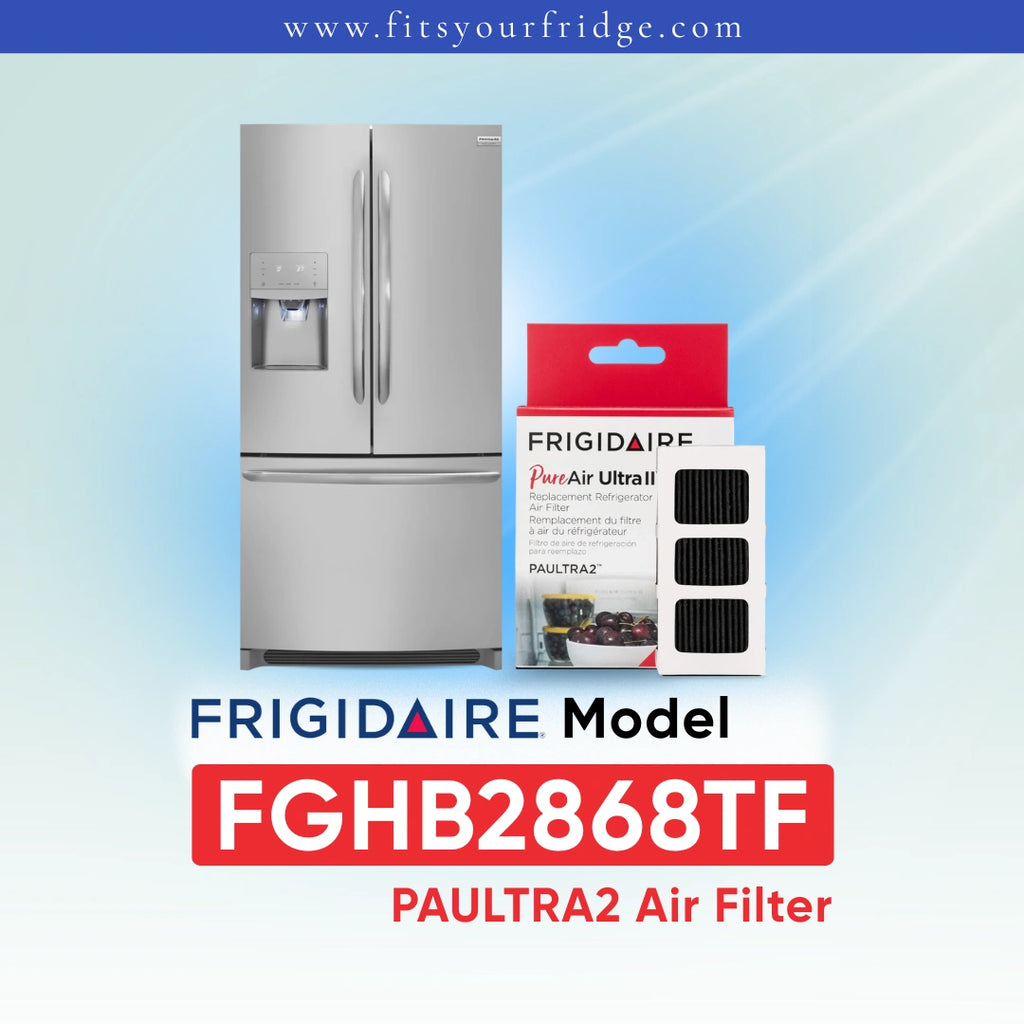 Frigidaire PAULTRA2 Air Filter FGHB2868TF shown next to a silver refrigerator on a light blue gradient background with Frigidaire branding.