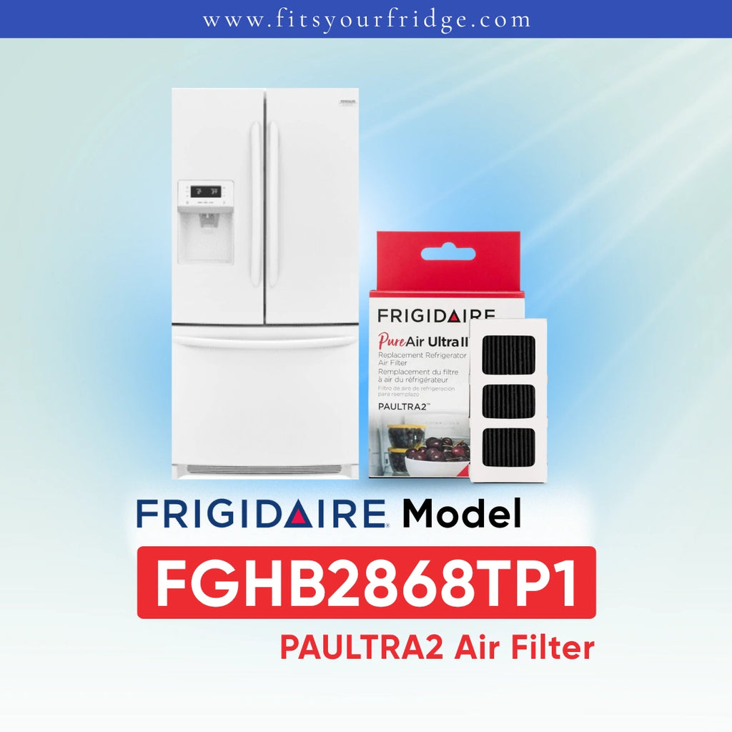 Frigidaire PAULTRA2 Air Filter FGHB2868TP1 shown next to a silver refrigerator on a light blue gradient background with Frigidaire branding.
