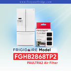 Frigidaire PAULTRA2 Air Filter FGHB2868TP2 shown next to a silver refrigerator on a light blue gradient background with Frigidaire branding.