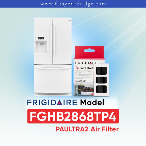 Frigidaire PAULTRA2 Air Filter FGHB2868TP4 shown next to a silver refrigerator on a light blue gradient background with Frigidaire branding.