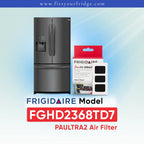Frigidaire PAULTRA2 Air Filter FGHD2368TD7 shown next to a silver refrigerator on a light blue gradient background with Frigidaire branding.