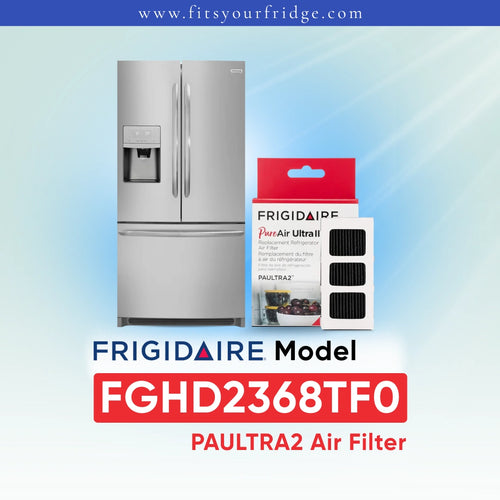 Frigidaire PAULTRA2 Air Filter FGHD2368TF0 shown next to a silver refrigerator on a light blue gradient background with Frigidaire branding.
