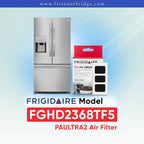 Frigidaire PAULTRA2 Air Filter FGHD2368TF5 shown next to a silver refrigerator on a light blue gradient background with Frigidaire branding.