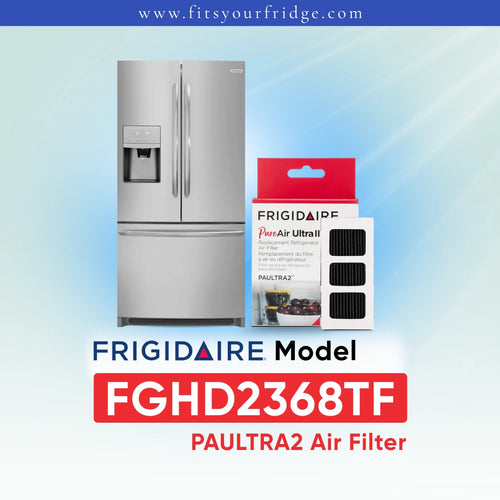 Frigidaire PAULTRA2 Air Filter FGHD2368TF shown next to a silver refrigerator on a light blue gradient background with Frigidaire branding.