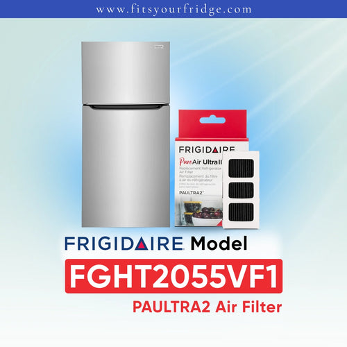 Frigidaire PAULTRA2 Air Filter FGHT2055VF1 shown next to a silver refrigerator on a light blue gradient background with Frigidaire branding.