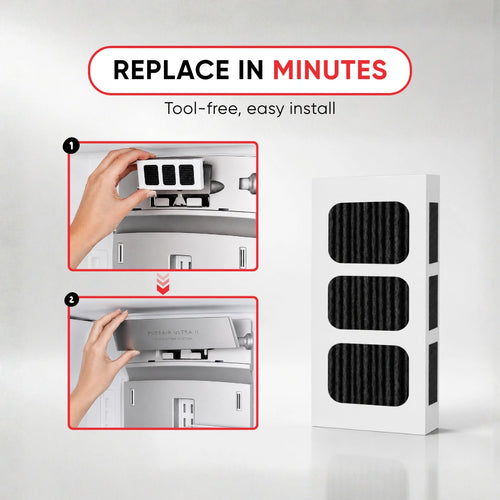 Frigidaire FGHT2055VF1 refrigerator with PAULTRA2 air filter replacement showing tool-free installation.