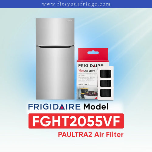 Frigidaire PAULTRA2 Air Filter FGHT2055VF shown next to a silver refrigerator on a light blue gradient background with Frigidaire branding.