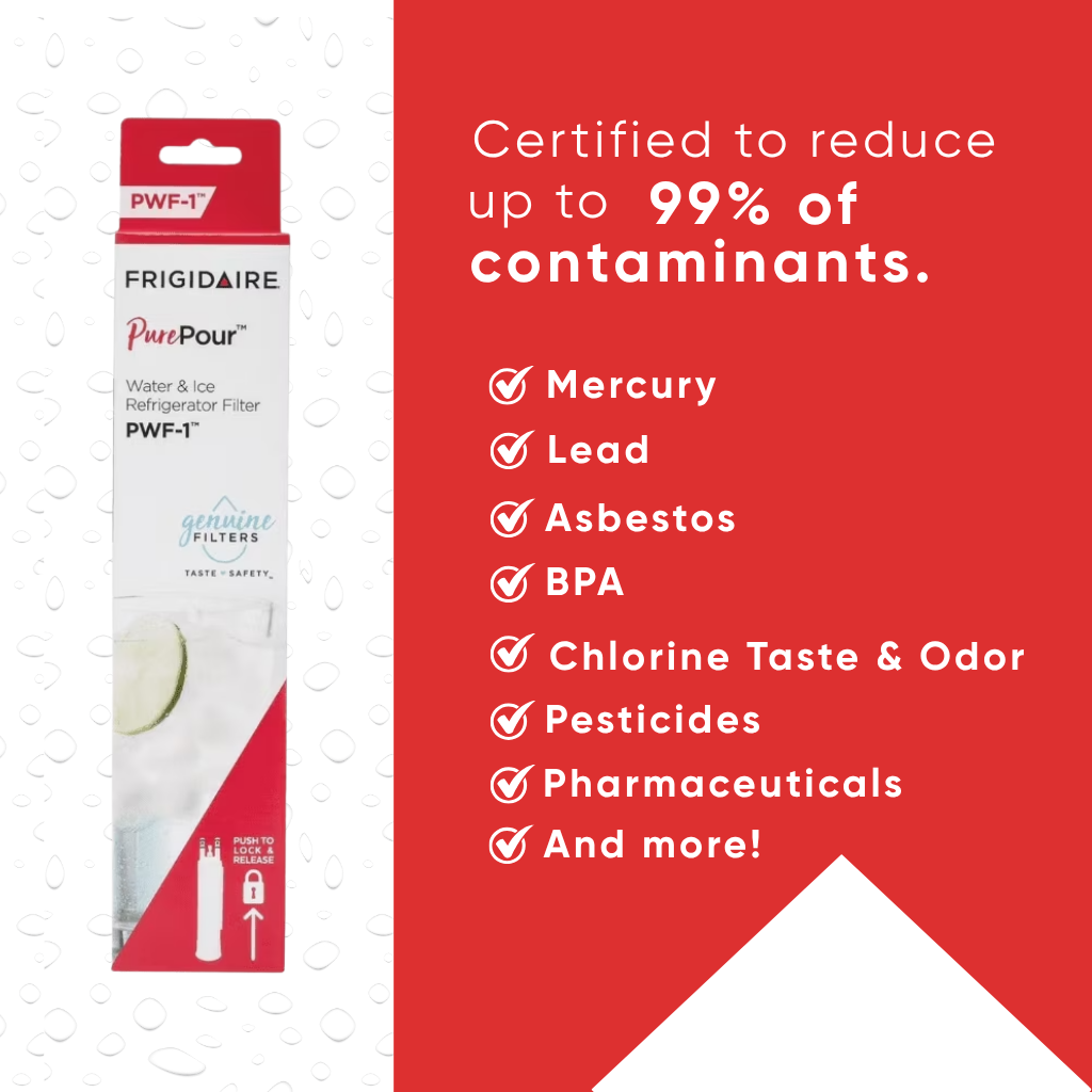 Frigidaire PurePour water filter packaging with certification text on a red background