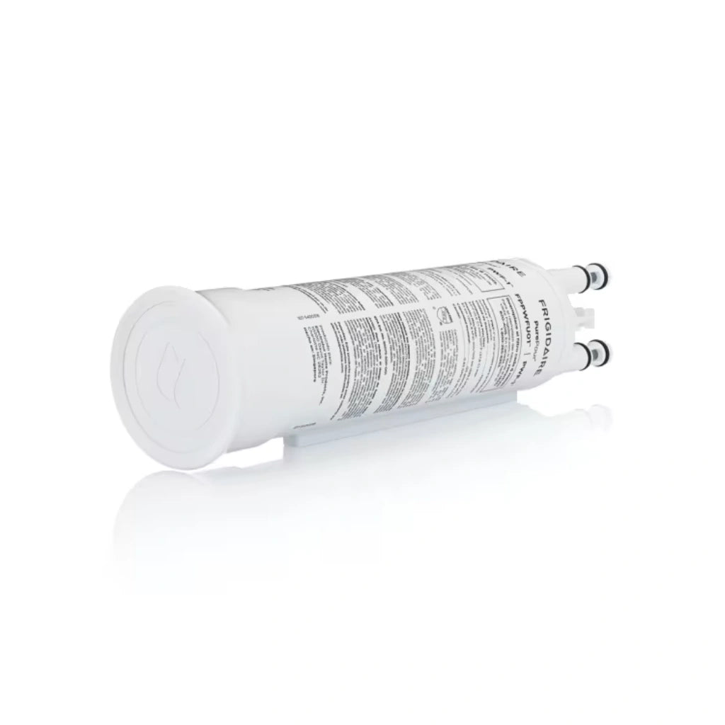 White cylindrical filter cartridge with text on a white background