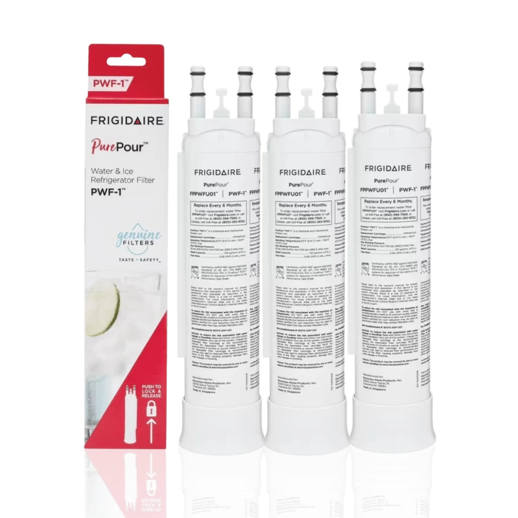 Frigidaire water and ice filter packaging with four filters on a white background
