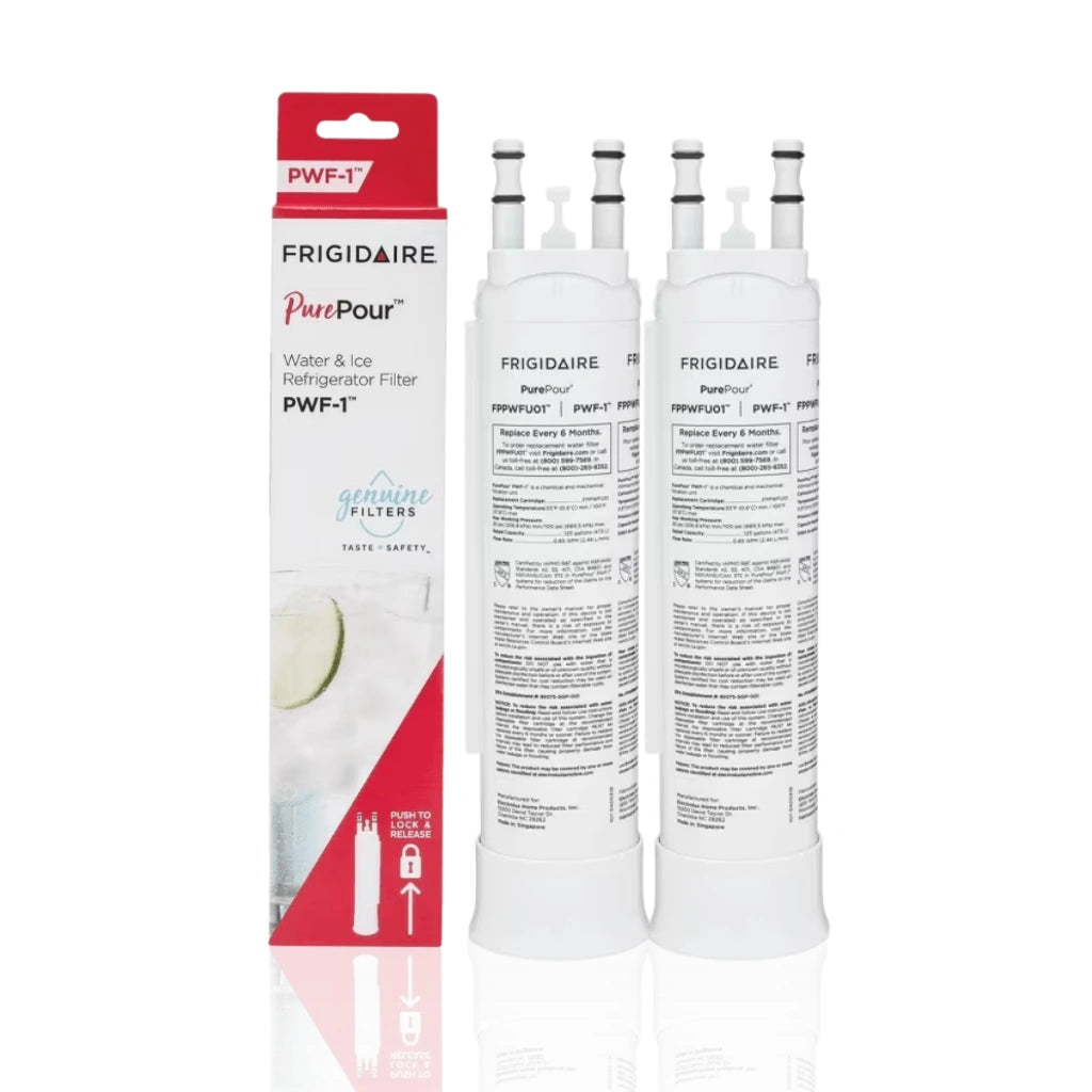 Frigidaire PurePour water filter with packaging on a white background