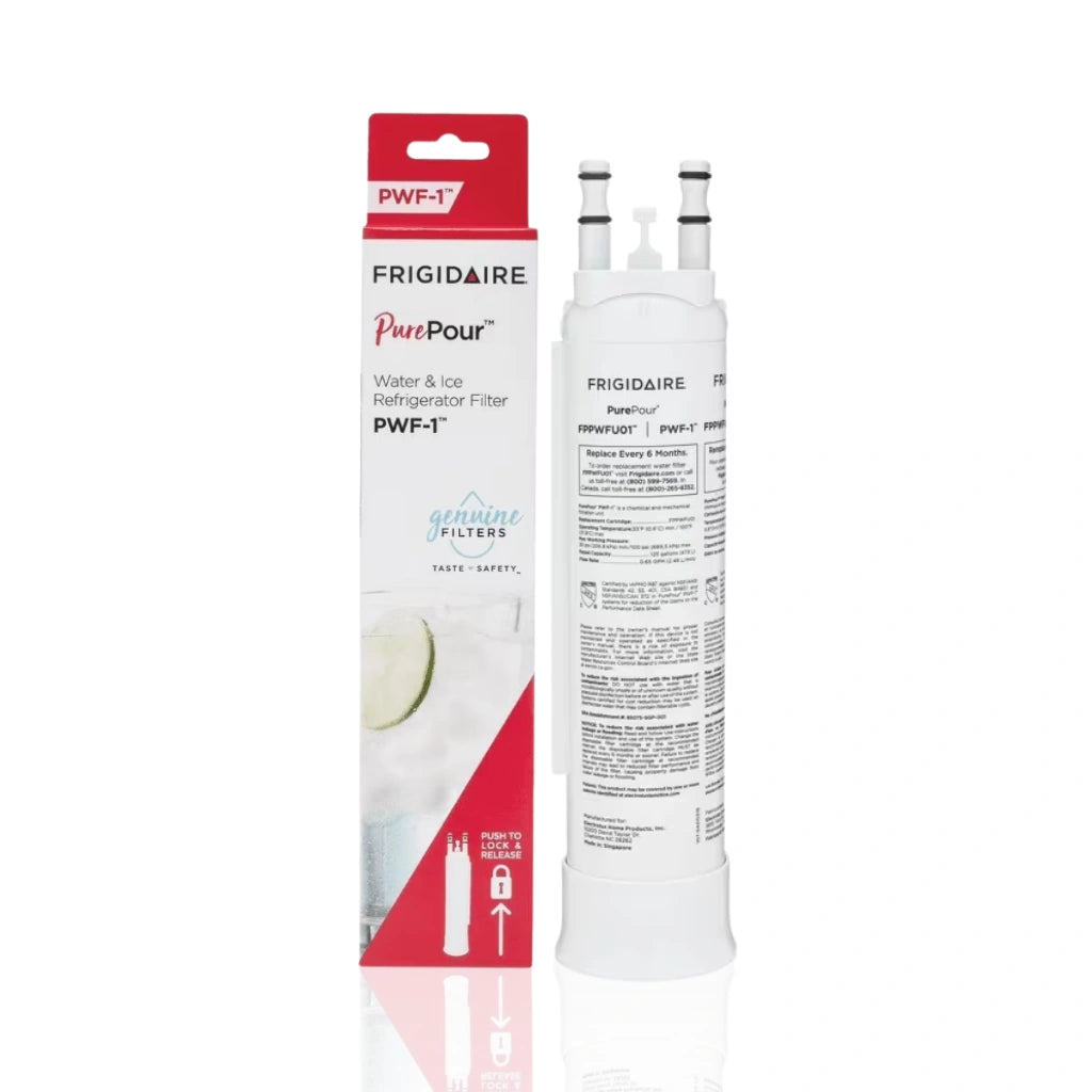 Frigidaire water filter with packaging on a white background