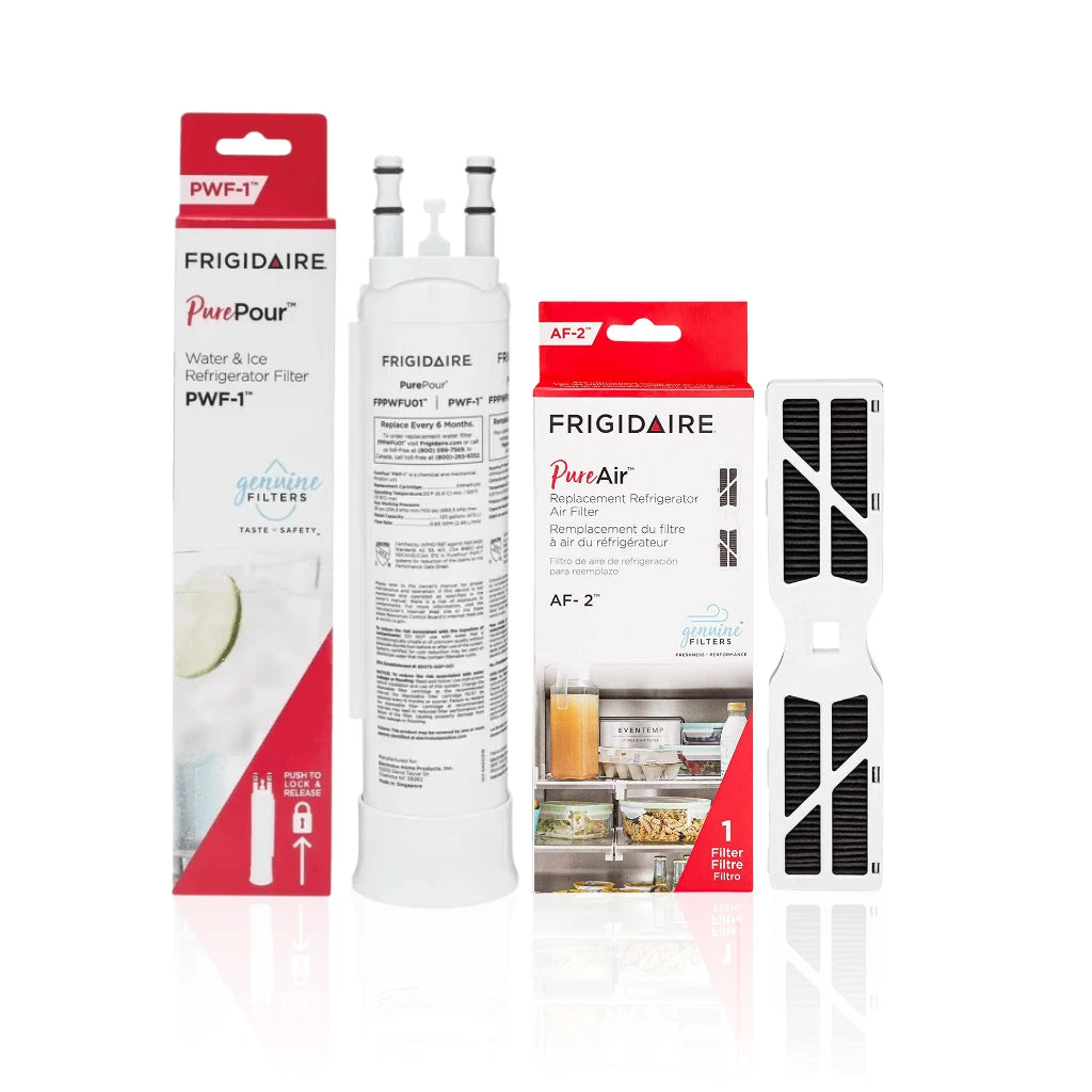 Frigidaire refrigerator filters on a white background