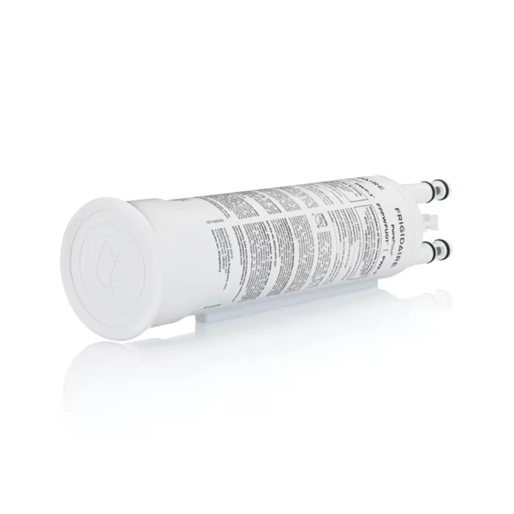 White cylindrical filter with text on a white background
