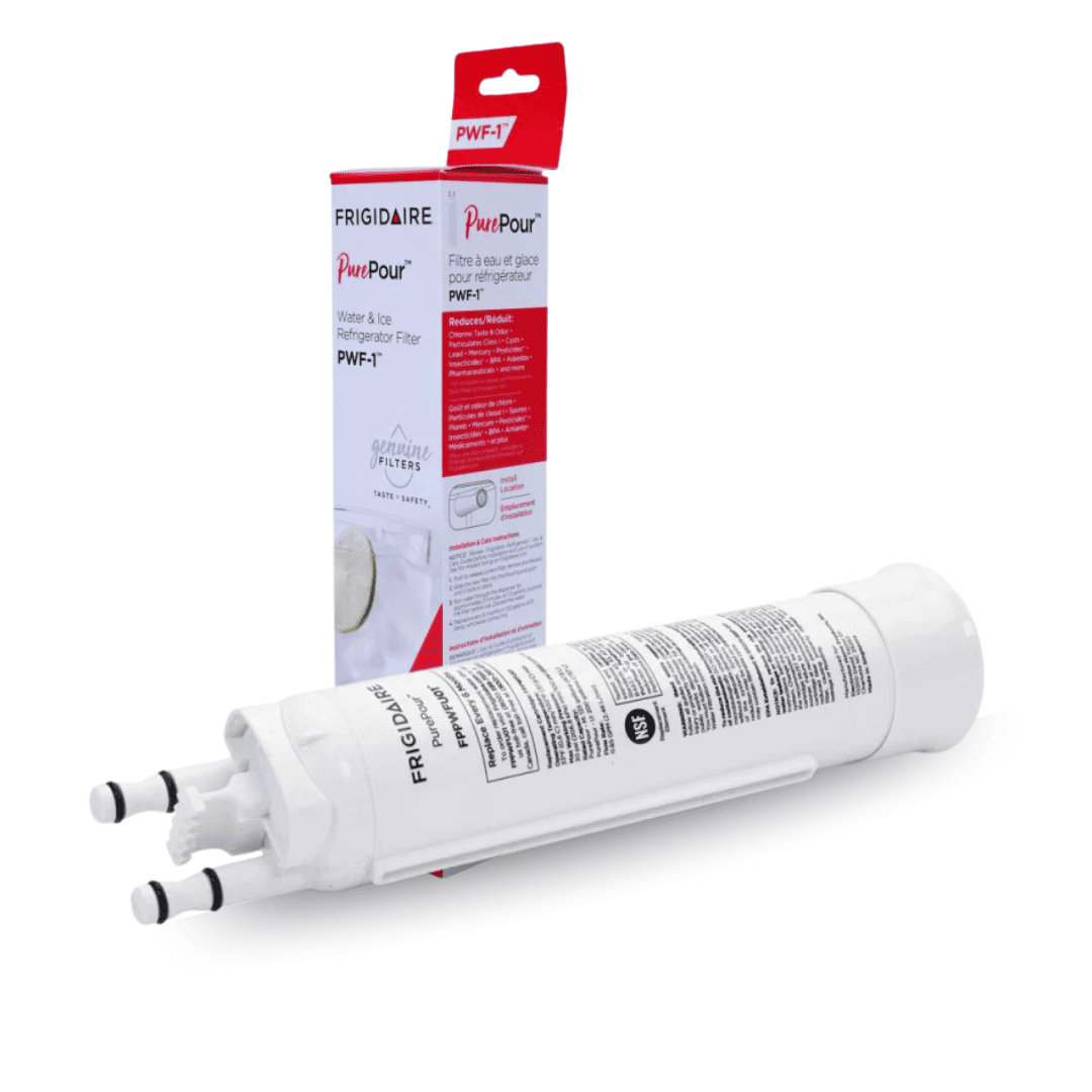Frigidaire water filter with packaging on a white background