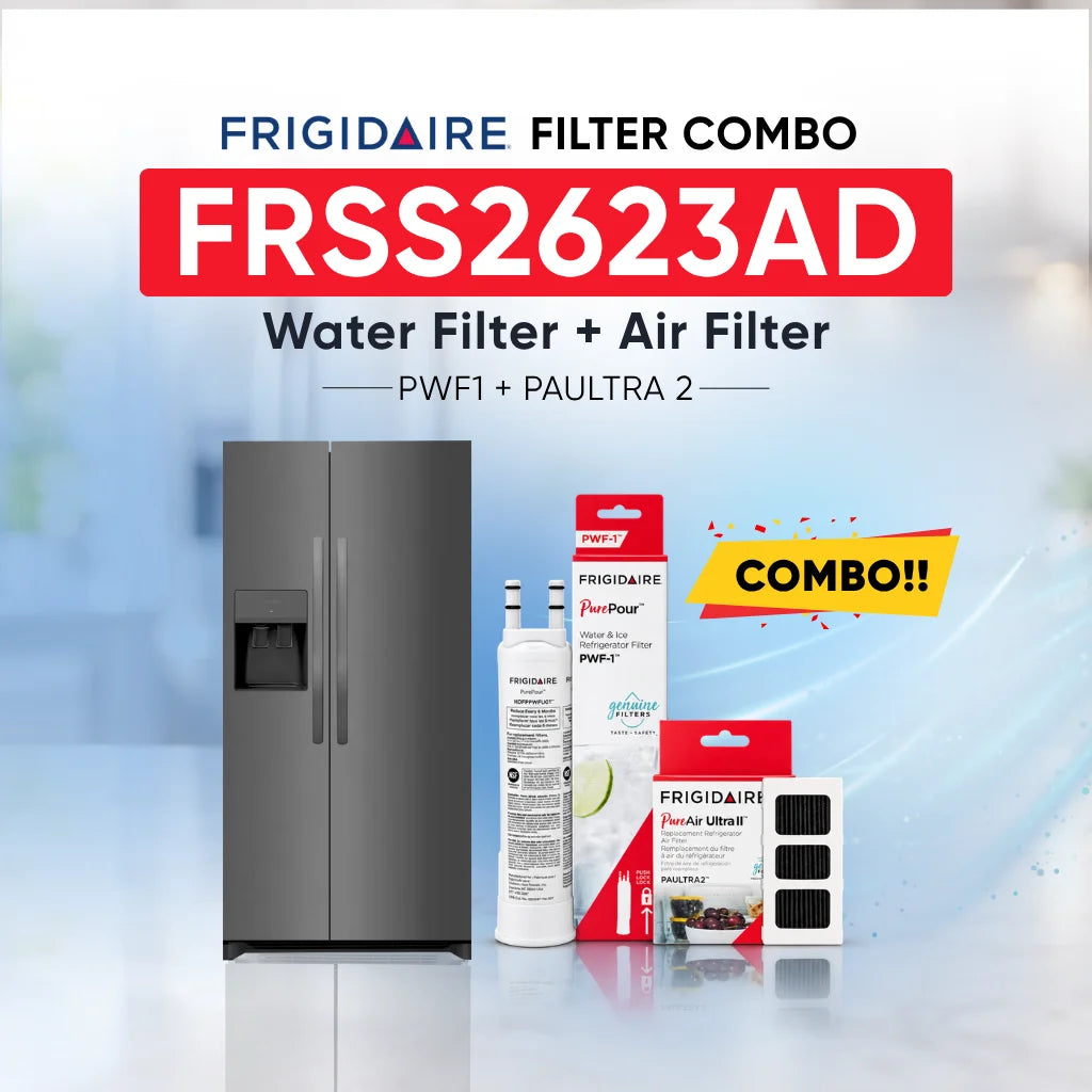 Frigidaire FRSS2623AD refrigerator with PWF1 water filter and PAULTRA2 air filter combo replacement set.