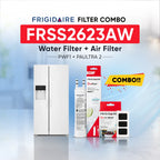 Frigidaire FRSS2623AW refrigerator with PWF1 water filter and PAULTRA2 air filter combo replacement set.