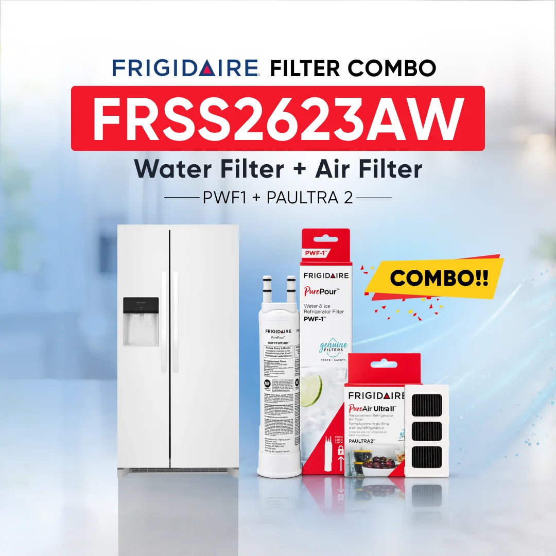 Frigidaire FRSS2623AW refrigerator with PWF1 water filter and PAULTRA2 air filter combo replacement set.