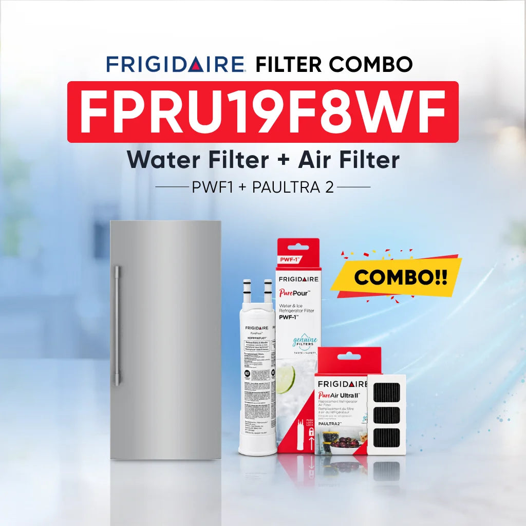 Frigidaire FPRU19F8WF refrigerator with PWF1 water filter and PAULTRA2 air filter combo replacement set.