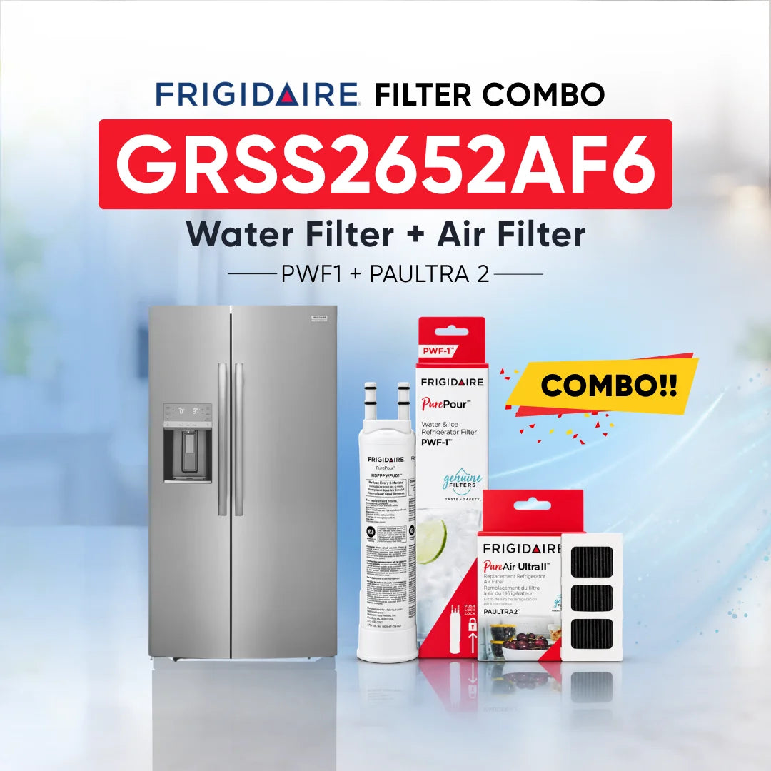 Frigidaire GRSS2652AF6 refrigerator with PWF1 water filter and PAULTRA2 air filter combo replacement set.