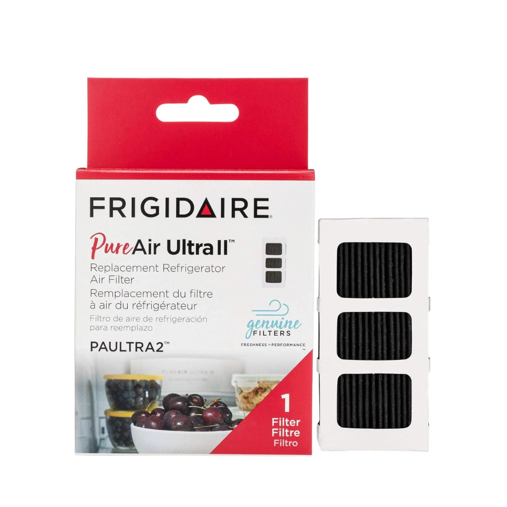 Genuine Frigidaire PureAir Ultra II (PAULTRA2) replacement refrigerator air filter cartridge, featuring three activated carbon sections, displayed beside its official red and white retail box.