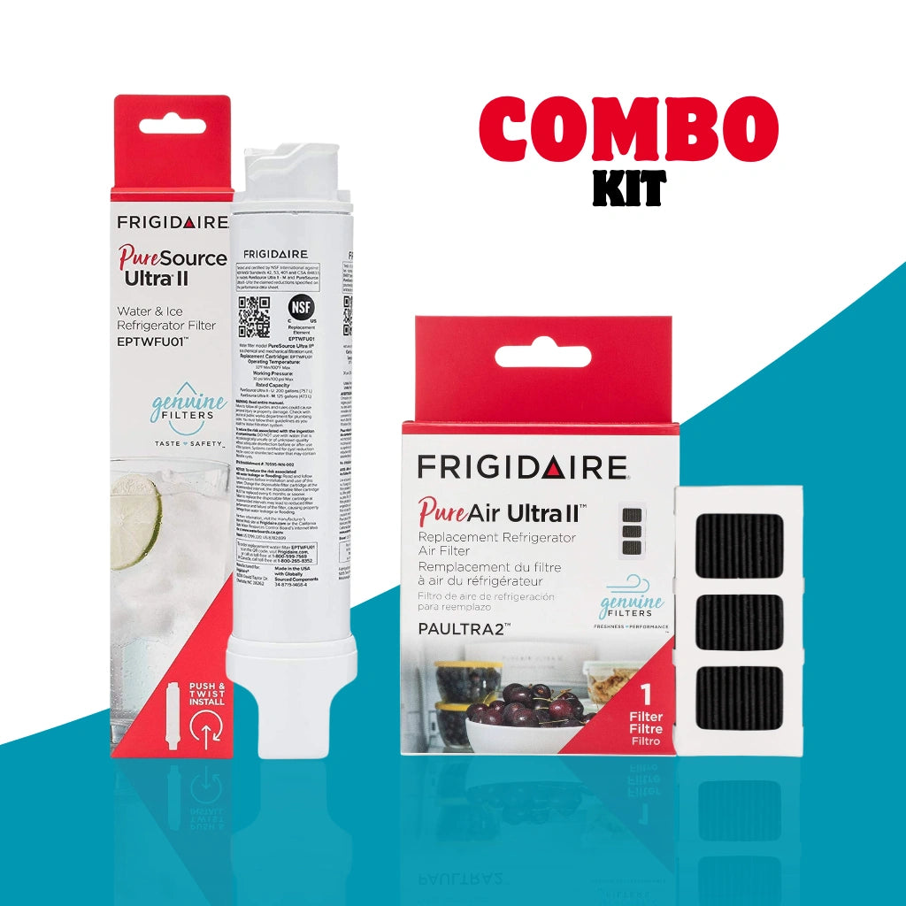 Frigidaire refrigerator combo kit featuring a PureSource Ultra II (EPTWFU01) water filter cartridge beside its red retail box and a PureAir Ultra II (PAULTRA2) air filter cartridge next to its packaging.