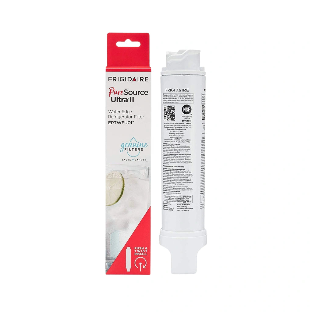 Genuine Frigidaire PureSource Ultra II EPTWFU01 replacement refrigerator water and ice filter cartridge displayed upright next to its official red and white retail packaging.