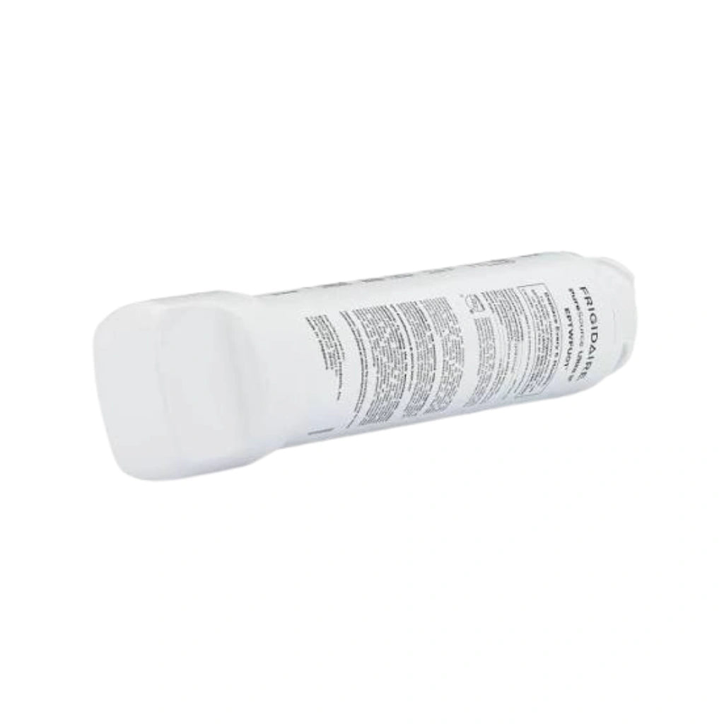 A white plastic water filter cartridge with printed black text, shown on a plain white background.