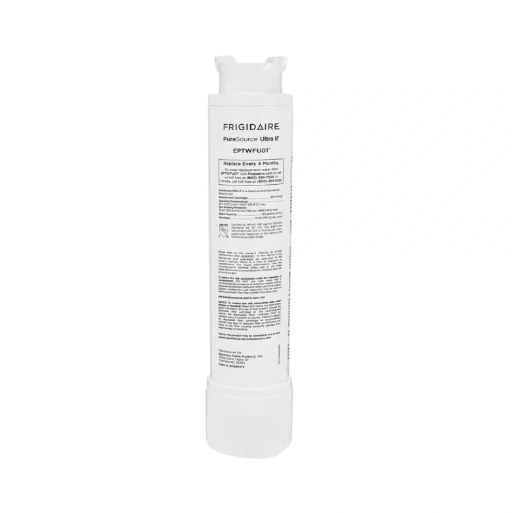Close-up view of a single Frigidaire PureSource Ultra II EPTWFU01 refrigerator water filter replacement cartridge standing upright against a white background, clearly displaying its detailed specification label and 6-month replacement instructions.