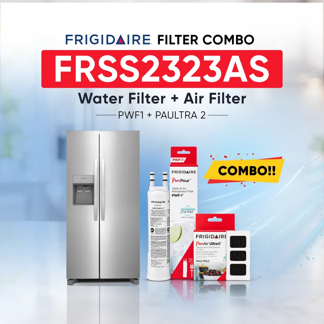 Frigidaire FRSS2323AS refrigerator with PWF1 water filter and PAULTRA2 air filter combo replacement set.