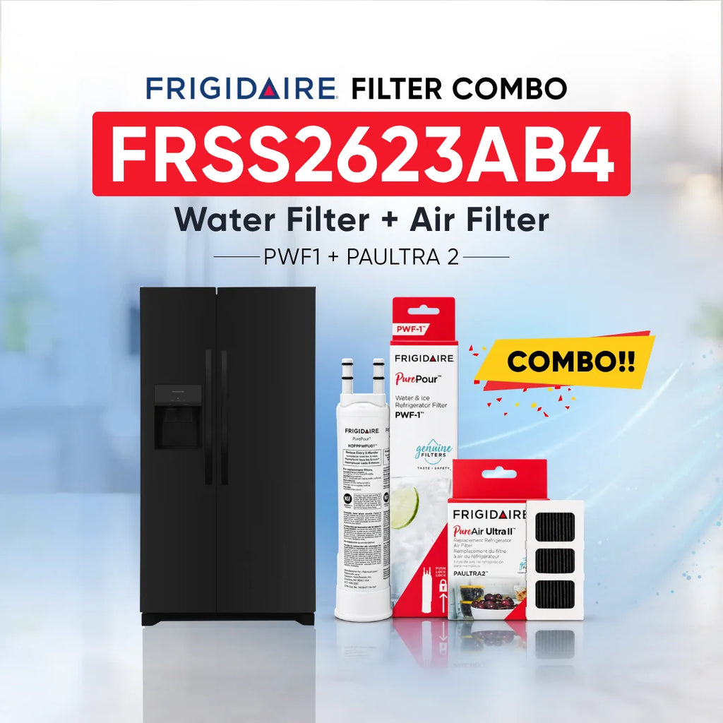 Frigidaire FRSS2623AB4 refrigerator with PWF1 water filter and PAULTRA2 air filter combo replacement set.