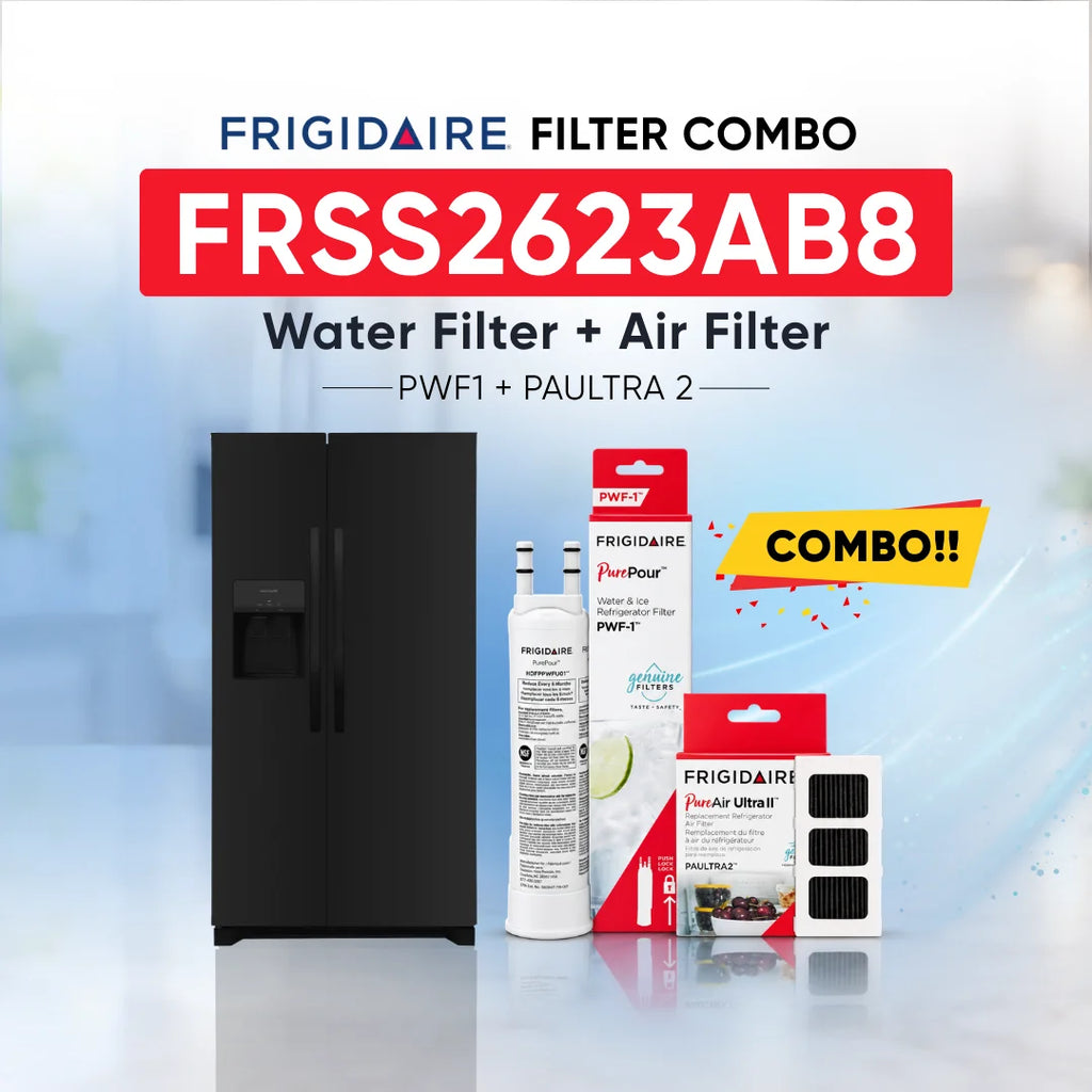 Frigidaire FRSS2623AB8 refrigerator with PWF1 water filter and PAULTRA2 air filter combo replacement set.