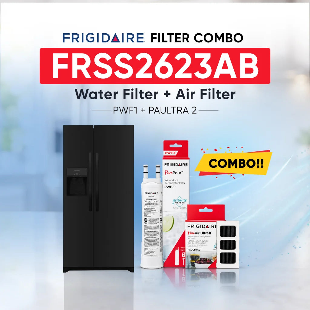 Frigidaire FRSS2623AB refrigerator with PWF1 water filter and PAULTRA2 air filter combo replacement set.