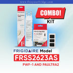 Frigidaire Model FRSS2623AS Water and Air Filter Combo Kit, including PWF-1 water filter and PureAir Ultra II PAULTRA2 air filter with packaging and filter cartridges shown, compatibility image for Frigidaire refrigerator replacement filters.