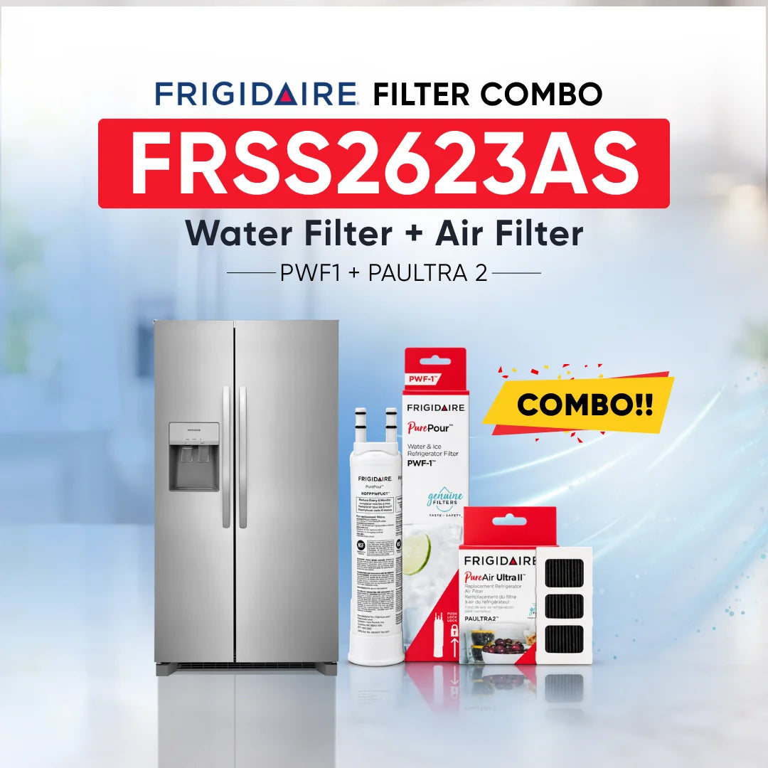 Frigidaire FRSS2623AS refrigerator with PWF1 water filter and PAULTRA2 air filter combo replacement set.