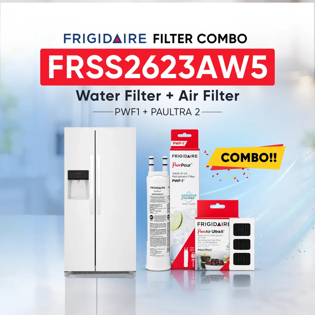 Frigidaire FRSS2623AW5 refrigerator with PWF1 water filter and PAULTRA2 air filter combo replacement set.