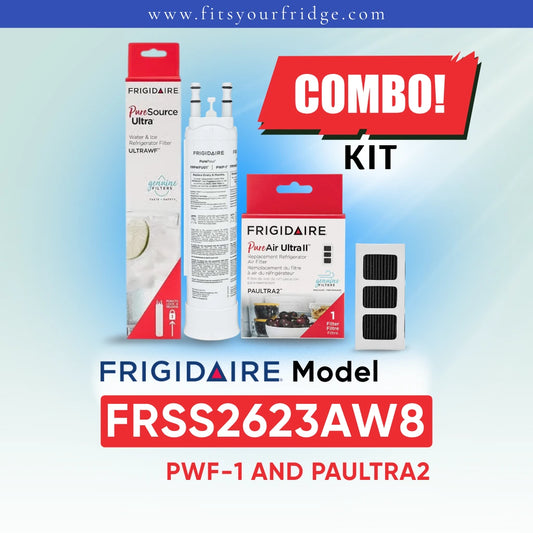Frigidaire FRSS2623AW8 refrigerator filter combo kit including PWF-1 water filter and PureAir Ultra II PAULTRA2 air filter with packaging and filter cartridge shown, compatibility image for Frigidaire refrigerator replacement filters.