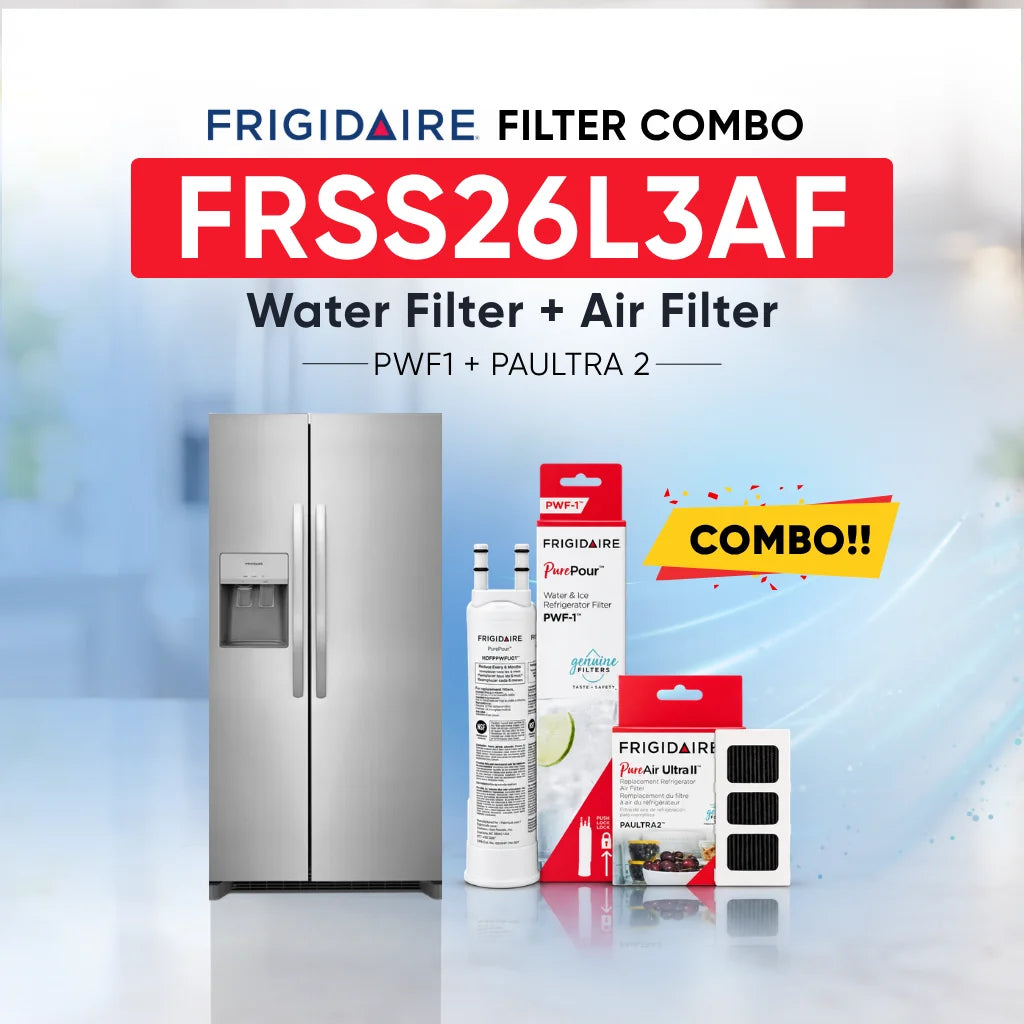Frigidaire FRSS26L3AF refrigerator with PWF1 water filter and PAULTRA2 air filter combo replacement set.