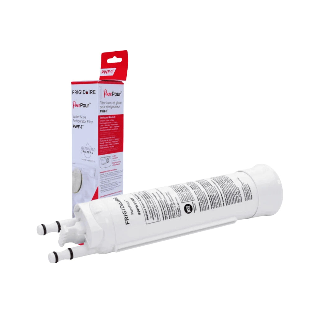 Frigidaire water filter with packaging on a white background