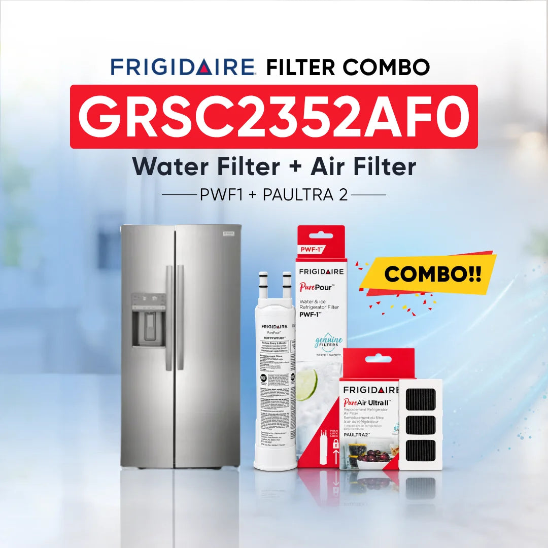 Frigidaire GRSC2352AF0 refrigerator with PWF1 water filter and PAULTRA2 air filter combo replacement set.