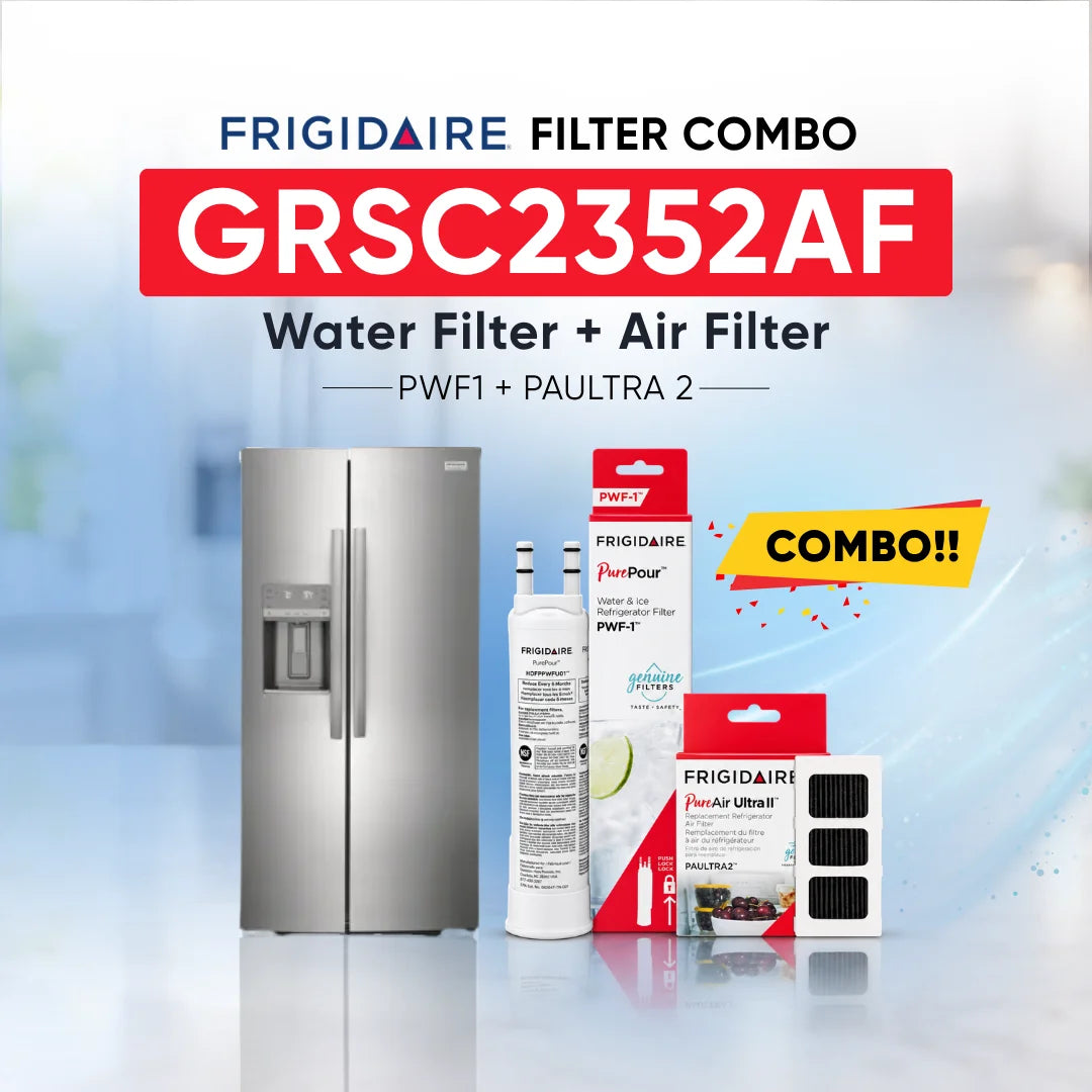 Frigidaire GRSC2352AF refrigerator with PWF1 water filter and PAULTRA2 air filter combo replacement set.