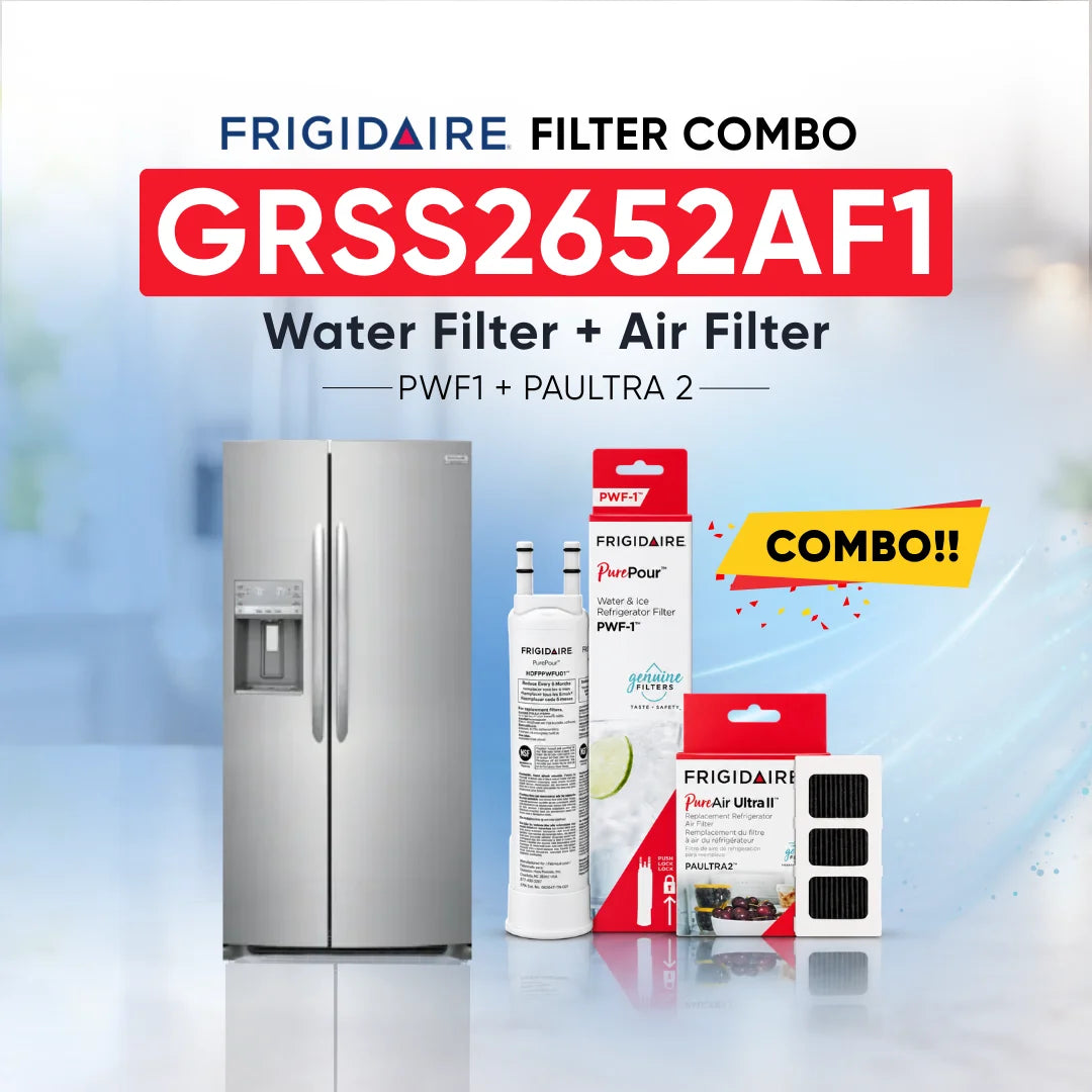 Frigidaire GRSS2652AF1 refrigerator with PWF1 water filter and PAULTRA2 air filter combo replacement set.