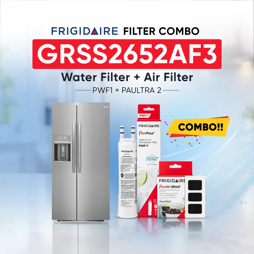 Frigidaire GRSS2652AF3 refrigerator with PWF1 water filter and PAULTRA2 air filter combo replacement set.