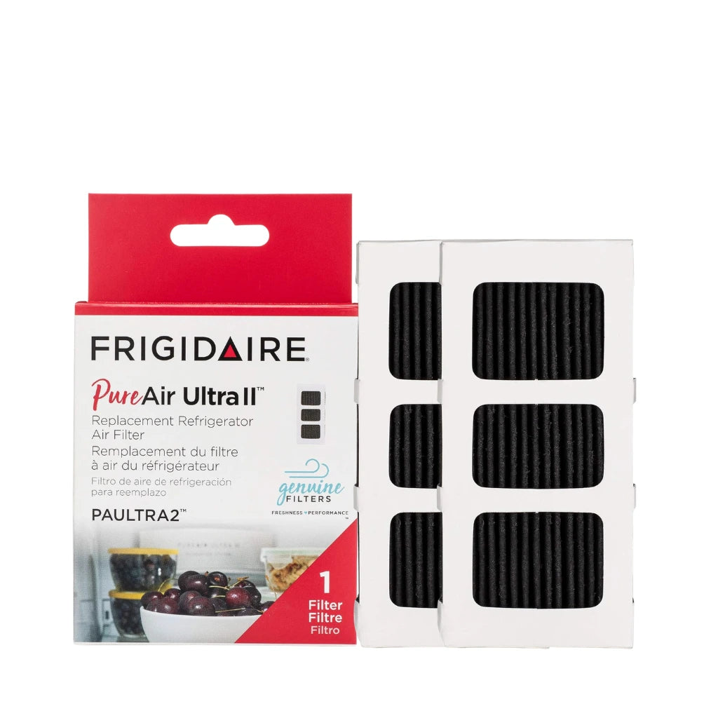 Frigidaire PureAir Ultra II refrigerator air filter packaging with filters on a white background