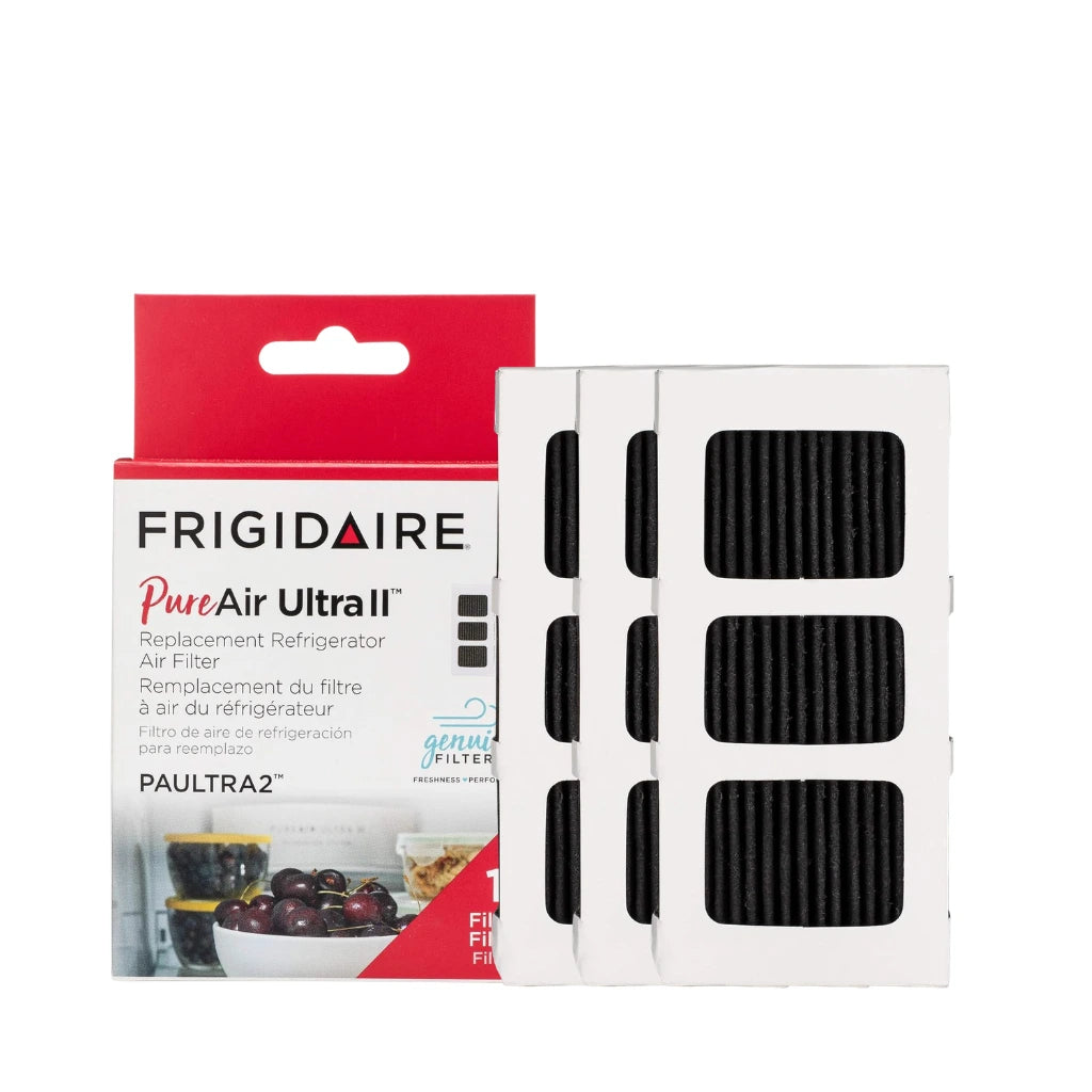 Frigidaire PureAir Ultra II refrigerator air filter packaging with filters on a white background