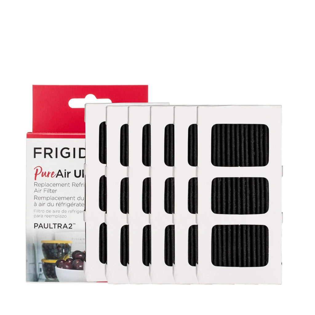 Frigidaire air filter packaging with black filters on a white background